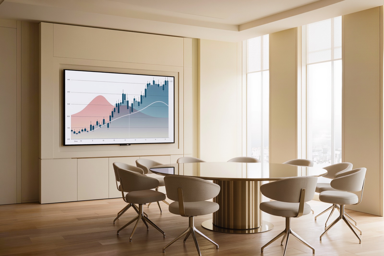 A bright boardroom with a screen showing economic data charts