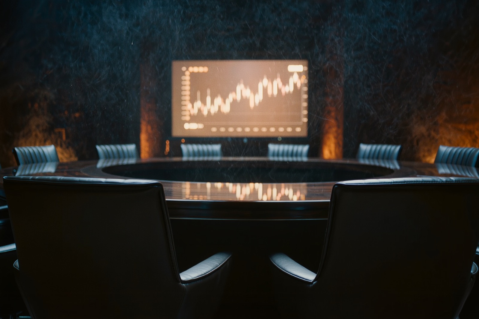 A boardroom with a large screen showing economic data charts